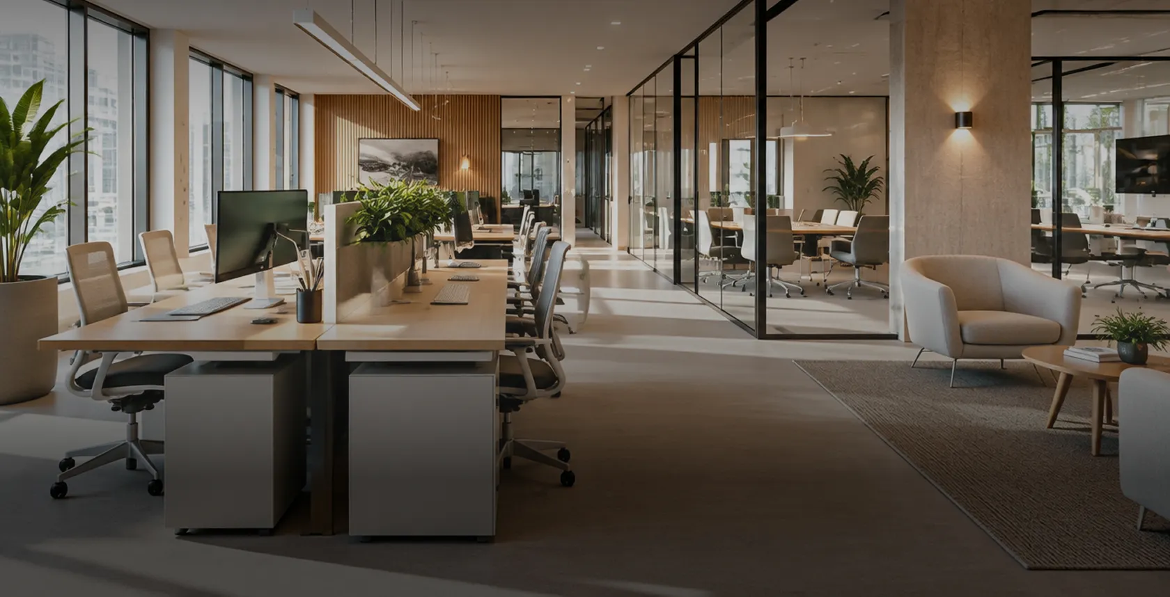 Plateau de bureaux moderne éclairé par des luminaires LED, avec ses espaces de travail et de réunion