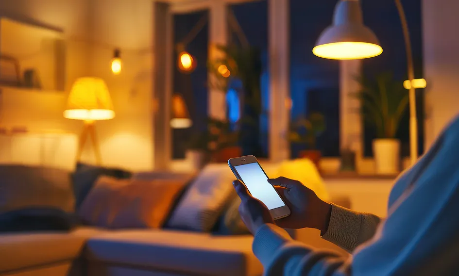 Smartphone pilotant l’éclairage LED d’un salon à l’ambiance chaleureuse