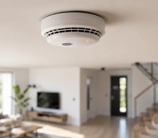 Détecteur moderne fixé au plafond d’un salon lumineux