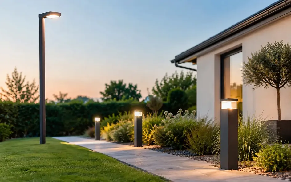 Allée de maison moderne balisée par des bornes et lampadaires LED à la tombée du jour