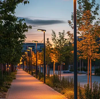 Allée urbaine éclairée par des lampadaires LED au coucher du soleil