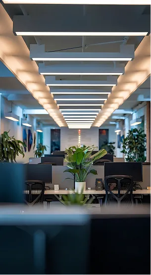 Bureau moderne éclairé par des luminaires LED, avec des plantes