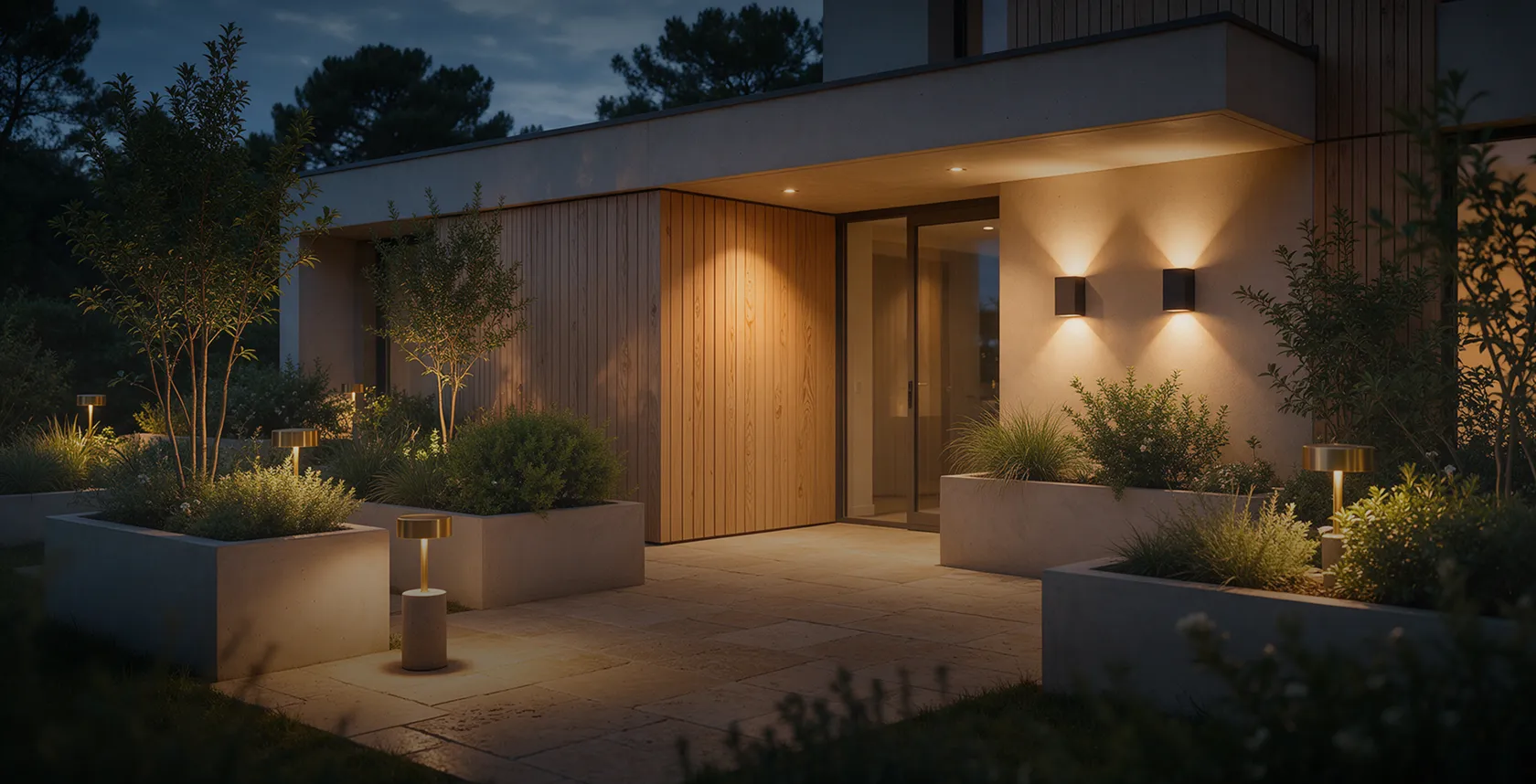 Entrée de maison moderne éclairée le soir par des luminaires LED, entre plantes et porte en bois