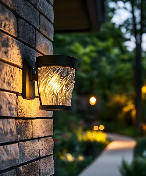 Applique LED extérieure sur un mur de briques, éclairant un jardin à la tombée du jour
