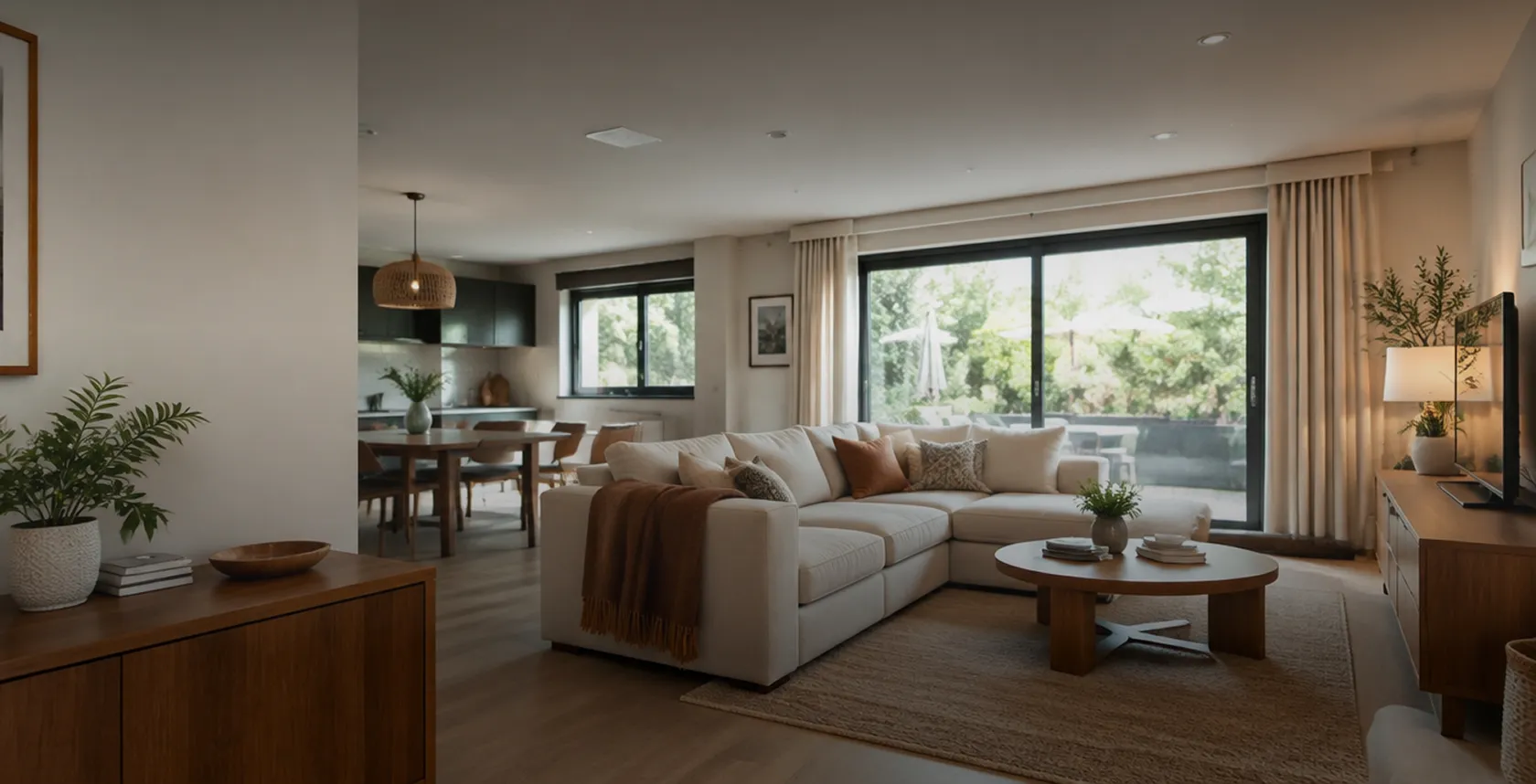 Salon lumineux au canapé blanc ouvert sur une terrasse, équipé en maison connectée